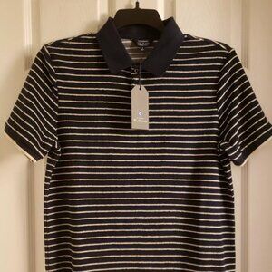 Ben Sherman Short Sleeve Striped Polo Shirt Textured Nautical Navy Blue White Sm